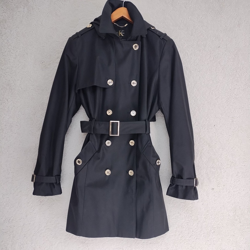 Calvin Klein Trench Coat Womens L Black Hooded Belted Double Breasted Goldtone
